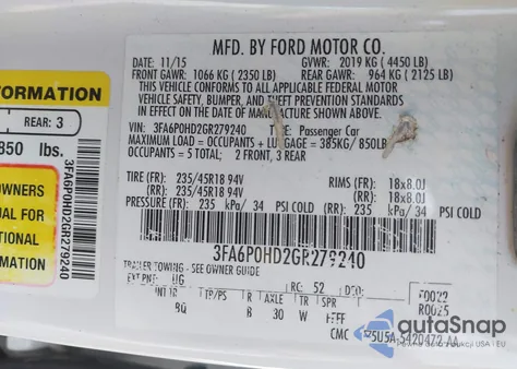 2016 Ford Fusion Se z USA, uszkodzony, nr VIN 3FA6P0HD2GR279240